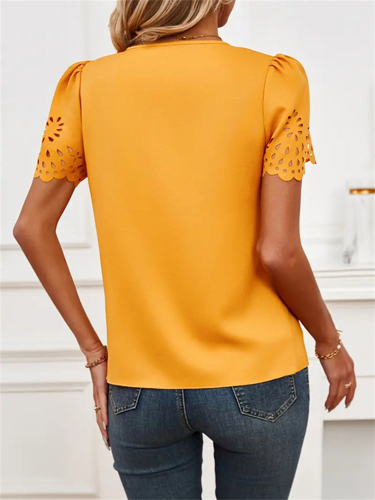 Women Casual Hollow Flower Hollow Short-Sleeved V Neck Blouse