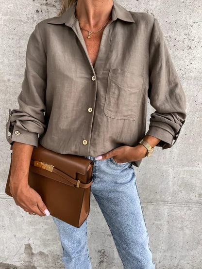 Women Simple Basic Casual Solid Color Sleeve V-Neck Button Lapel Blouse