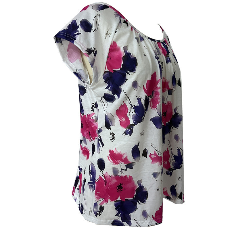 Women Summer Casual Floral Print Round Neck Short Sleeve Blouse