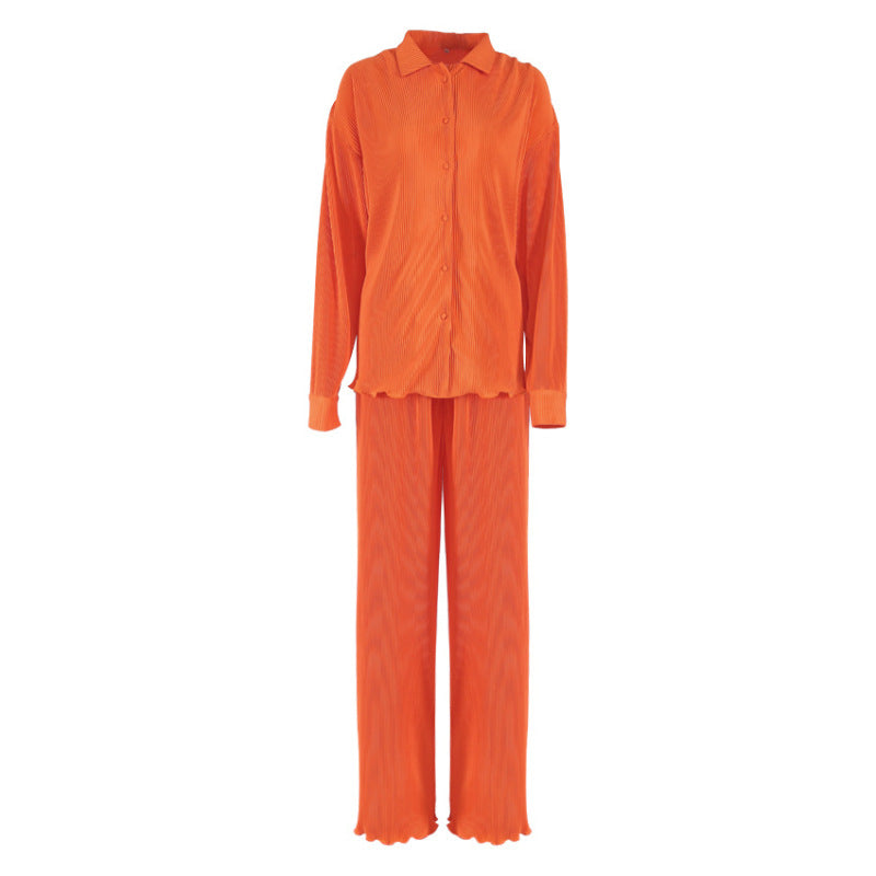 Women Casual Athleisure Long-sleeved Loose Creased Single-breasted Blouse And Solid Color Wide-leg Pants Two-piece Set