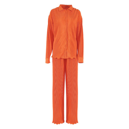 Women Casual Athleisure Long-sleeved Loose Creased Single-breasted Blouse And Solid Color Wide-leg Pants Two-piece Set