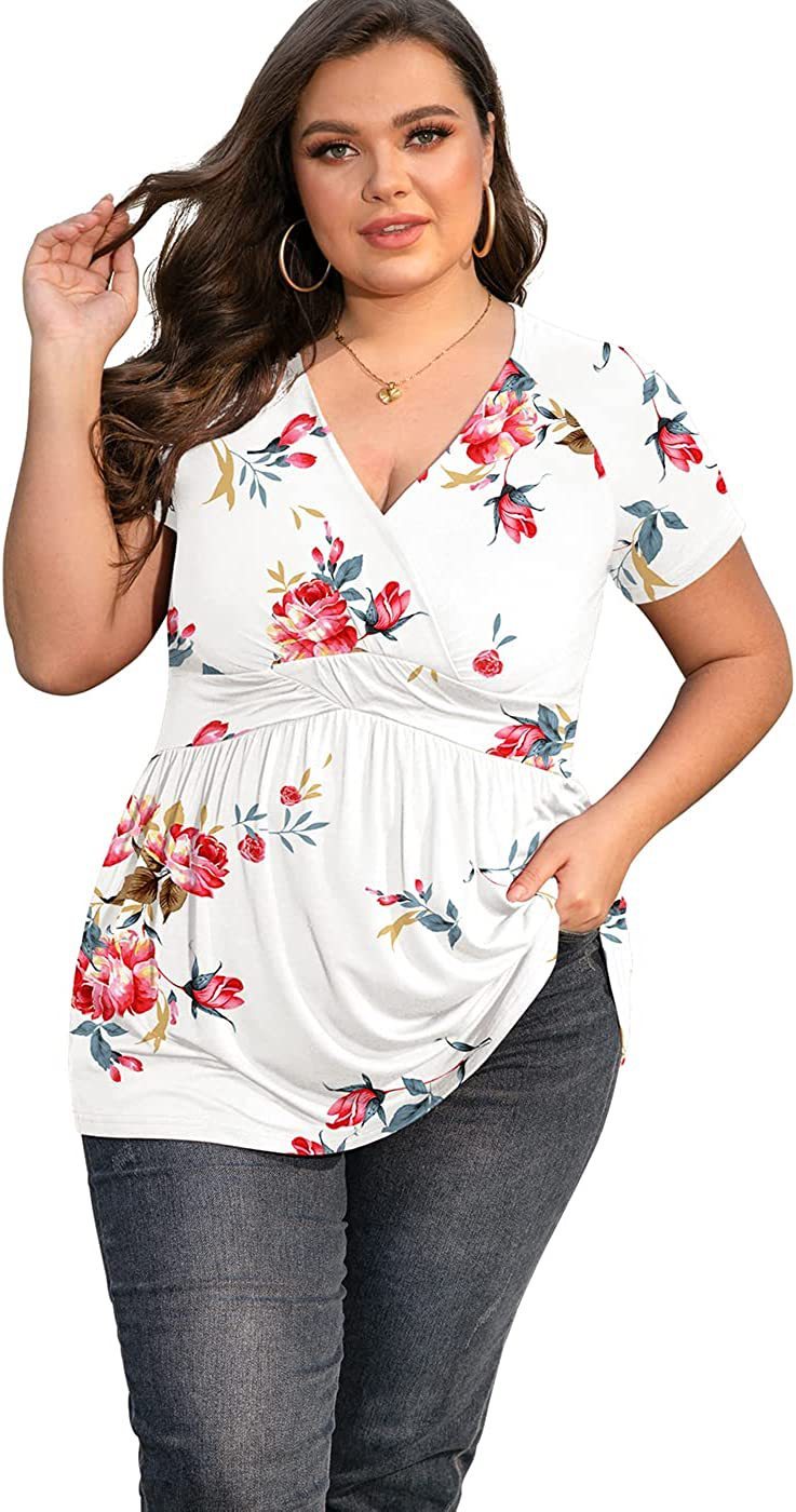 Women Plus Size Floral Print Casual Summer Short Sleeve V Neck Blouse