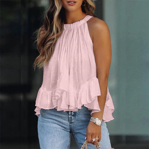 Summer Casual Vacation Solid Color Pullover Sleevelessloose Round Neck Ruffled Blouse