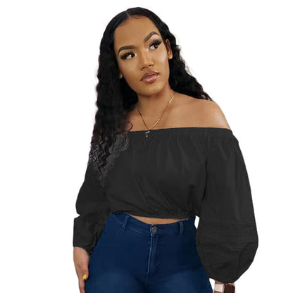 Women Fashion Casual Solid Color Off-Shoulder Long Sleeve Crop Blouse