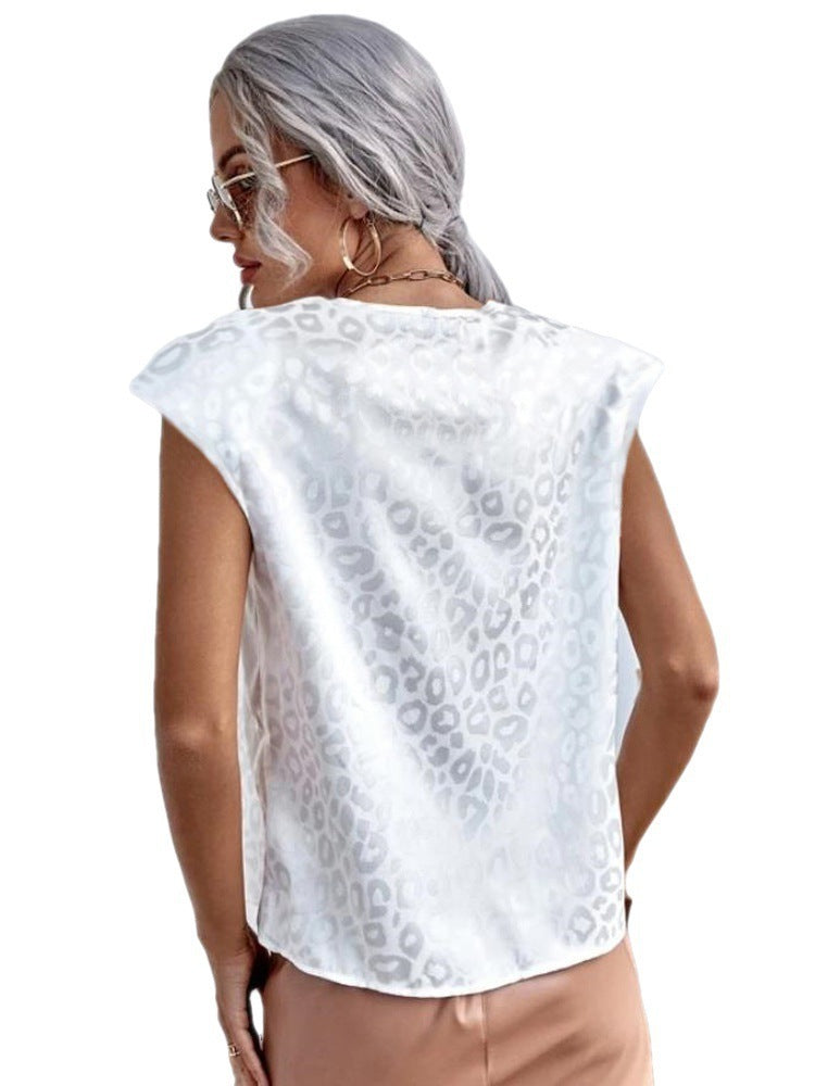 Women Summer Leopard Jacquard Casual Short Sleeve Office Chic Blouse