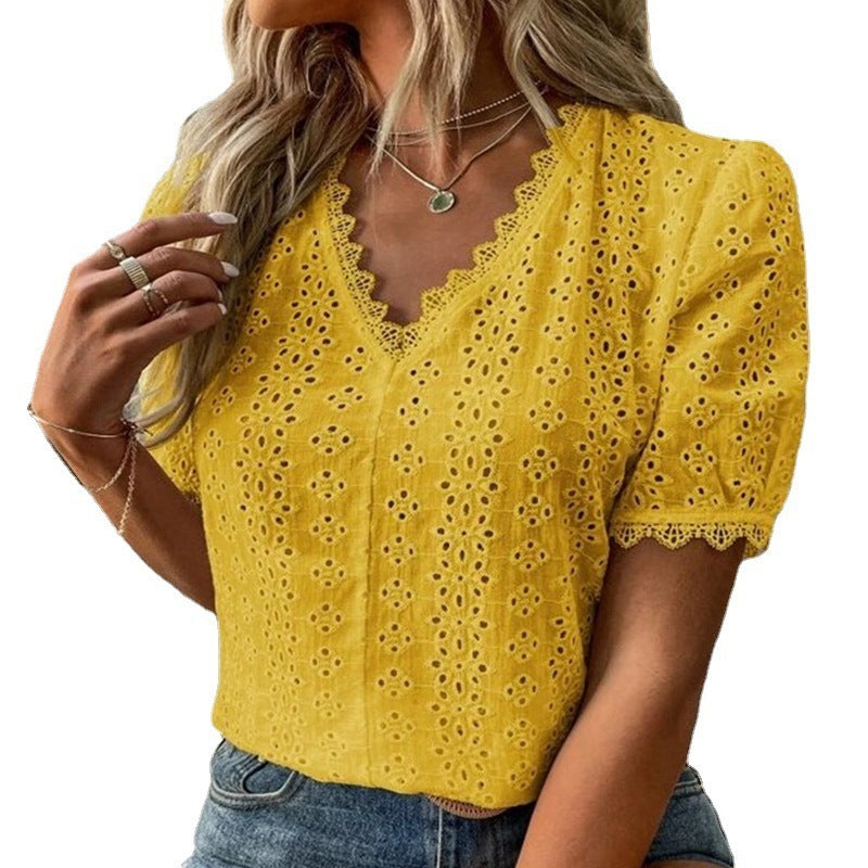 Women Casual Summer Solid Color Short Sleeve Hollow Blouse