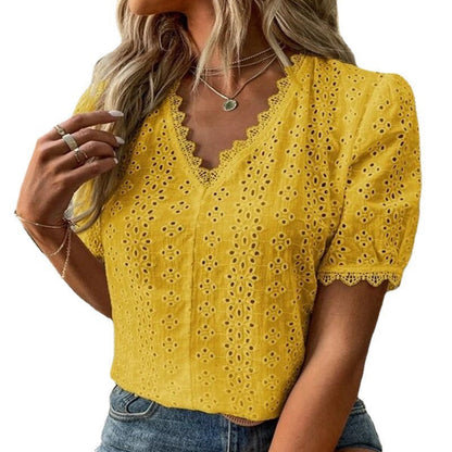 Women Casual Summer Solid Color Short Sleeve Hollow Blouse