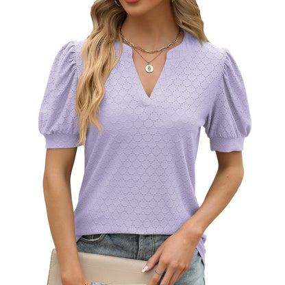 Casual Women Summer V-Neck Puff Sleeve Pleated Short-Sleeved Loose Blouse