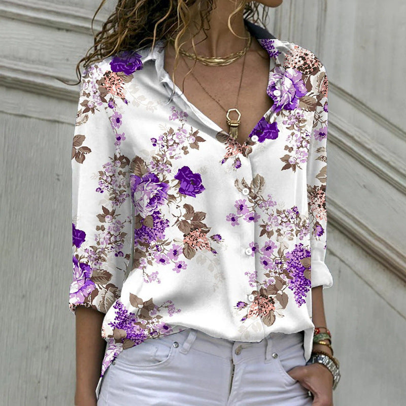 Fashion Casual Floral Print Women Long Sleeve Shirt Blouse