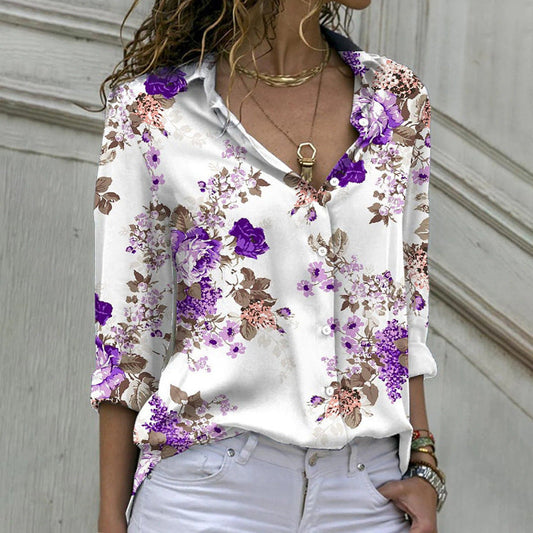 Fashion Casual Floral Print Women Long Sleeve Shirt Blouse