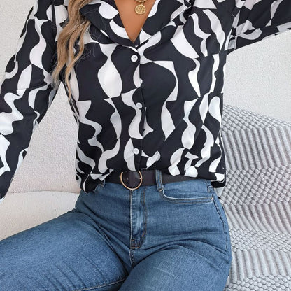 Women Fashion Casual Office Color Block Stripe Long Sleeve Blouse