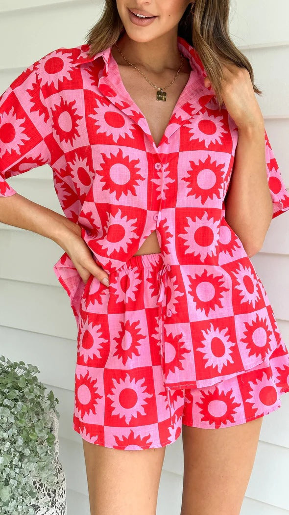 Women Fashion Casual Vacation Sun Printed Cardigan Shirt Short Sleeve Blouse Loose Shorts Set