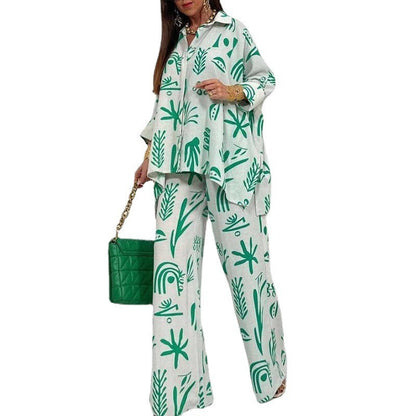 Women Printed Loose Casual Long Sleeve Shirt Blouse Top And Pants Two Piece Set