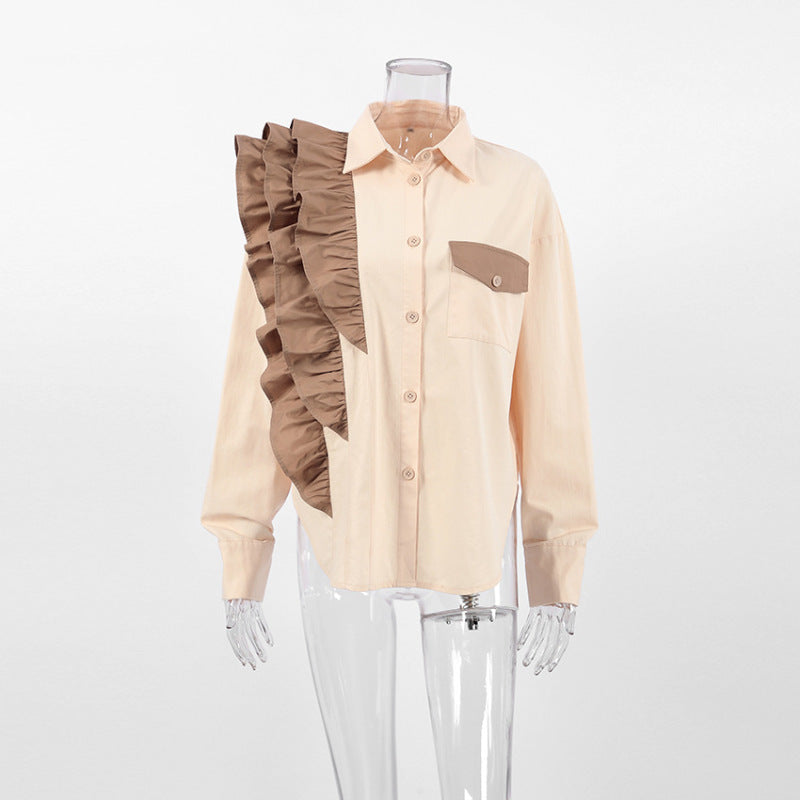 Fashion Office Women Unique Loose Contrast Color Ruffled Long Sleeve Casual Lapel Shirt Blouse