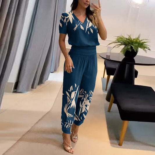 Women Fashion Casual V-Neck Color Blocking Printed Short-Sleeved V Neck Blouse Pants Two-Piece Set