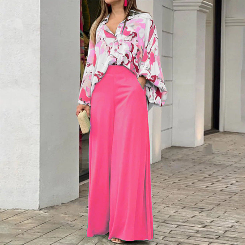 Summer Women Loose Casual Printed Blouse Wide Leg Pants Two Piece Set
