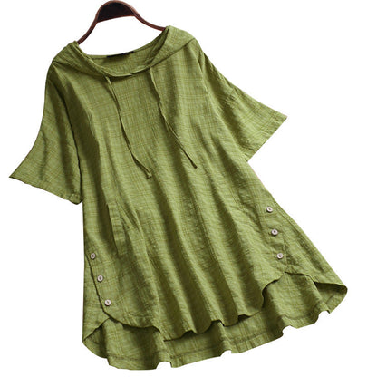 Women Casual Summer Short Sleeves Plus Size Round Neck Loose Hooded Blouse