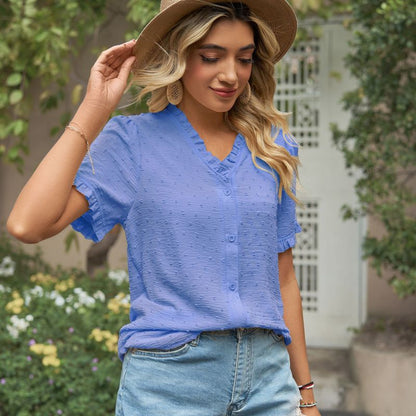 Womensummer Casual V Neck Floral Chiffon Short Sleeve Solid Color Blouse