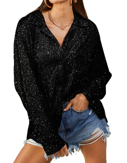 Spring Autumn Women Fashion Sequins Long Sleeve Lapel Elegant Casual Shirt Blouse