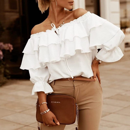 Women Elegant Solid Color Chiffon Off-the-shoulder Ruffled Casual Loose Blouse