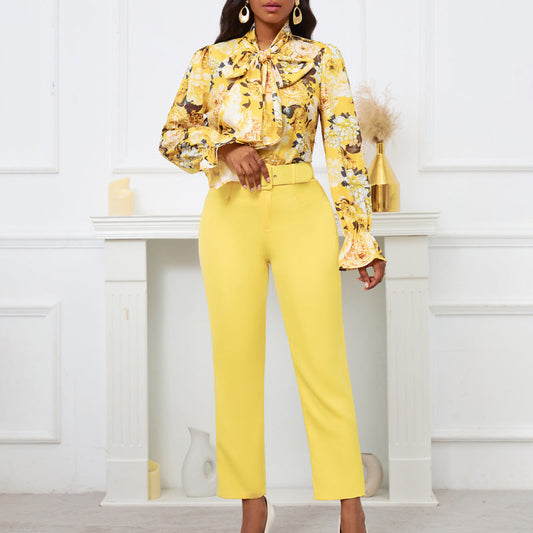 Women Fashion Casual Floral Printing Blouse Solid Color Pants Two-Piece Set