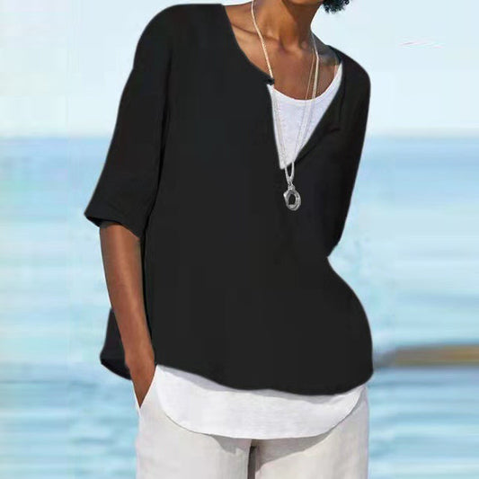 Women Casual V Neck Linen Solid Color Blouse