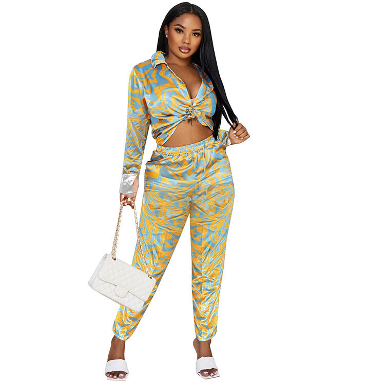 Women'S Fashion Casual Ripple Print Long Sleeve Shirt Blouse Trousers Two-Piece Set