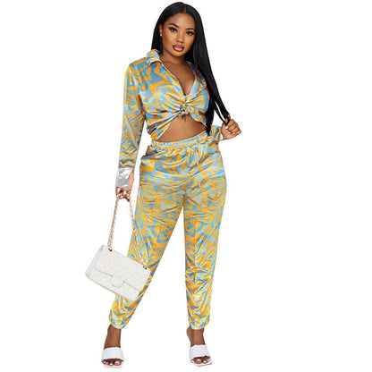 Women'S Fashion Casual Ripple Print Long Sleeve Shirt Blouse Trousers Two-Piece Set
