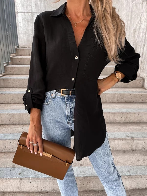 Women Simple Basic Casual Solid Color Sleeve V-Neck Button Lapel Blouse
