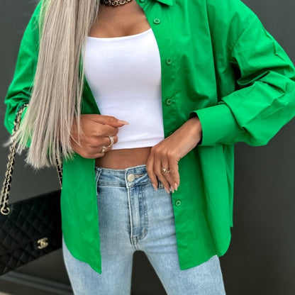 Women Casual Summer Loose Solid Color Long Sleeves V-Neck Blouse