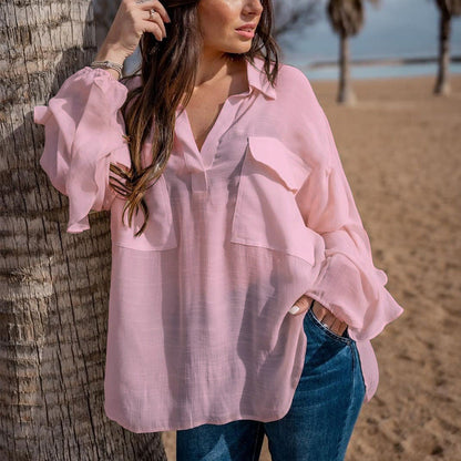 Women Fashion Casual Long-Sleeved V Neck Pullover Solid Color Cotton And Linen Blouse