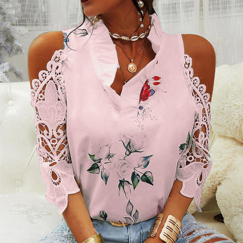 Summer Women Casual Floral Print Cool-Shoulder Lace Patchwork Long-Sleeved Blouse