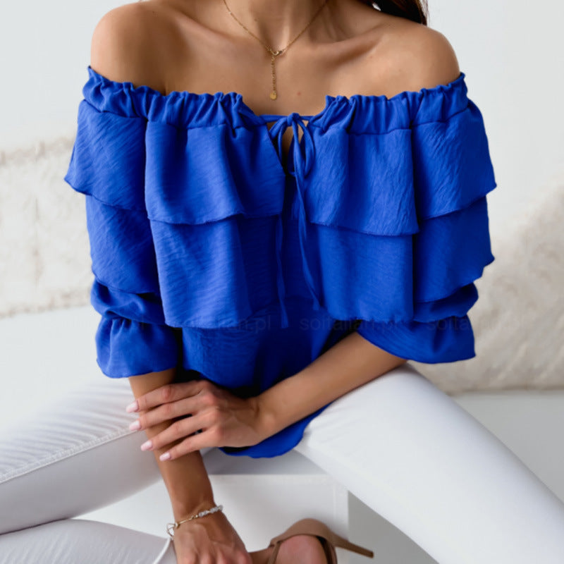 Women Elegant Solid Color Chiffon Off-the-shoulder Ruffled Casual Loose Blouse