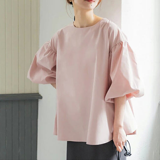 Women Casual Loose Puff Sleeve Round Neck Solid Color Office Chic Blouse