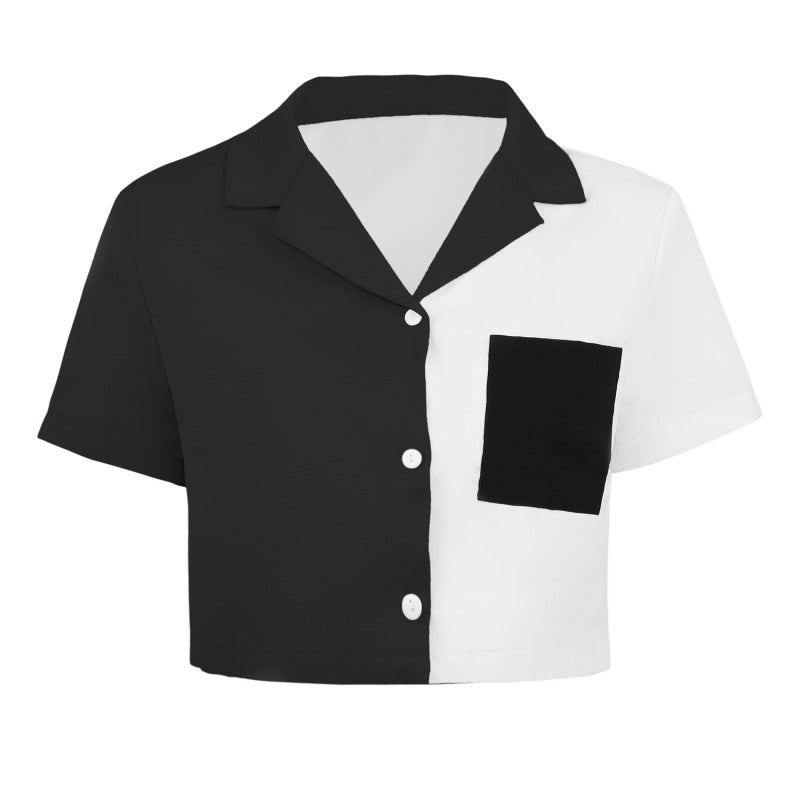 Women Casual Elegant Basic Color Blocking Pocket Single-breasted Short Sleeve Crop Blouse