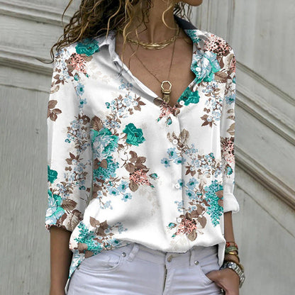 Fashion Casual Floral Print Women Long Sleeve Shirt Blouse