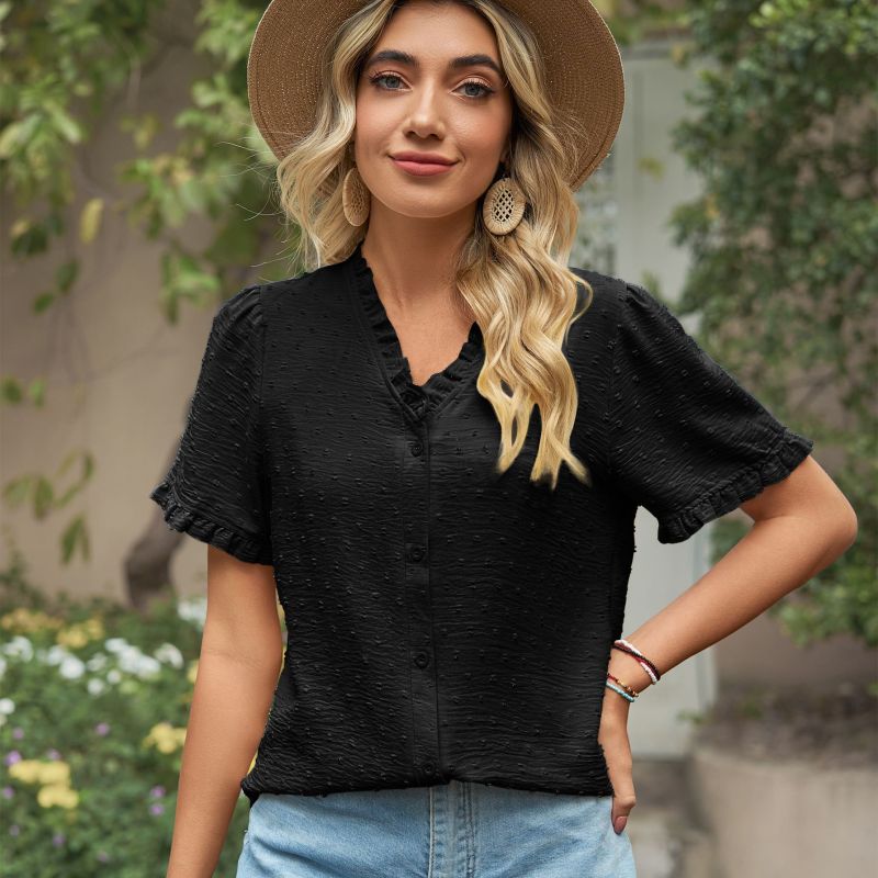 Womensummer Casual V Neck Floral Chiffon Short Sleeve Solid Color Blouse
