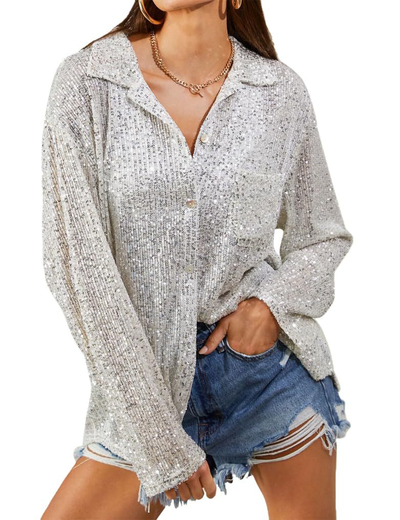 Spring Autumn Women Fashion Sequins Long Sleeve Lapel Elegant Casual Shirt Blouse
