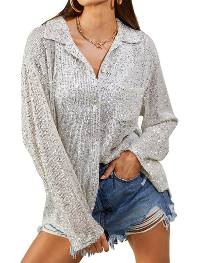 Spring Autumn Women Fashion Sequins Long Sleeve Lapel Elegant Casual Shirt Blouse