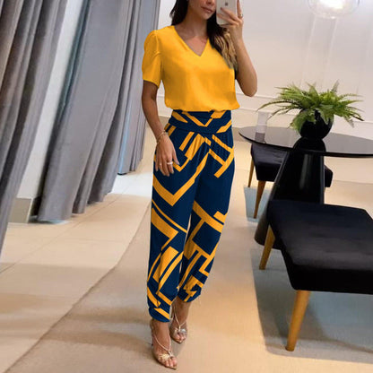Women Fashion Casual V-Neck Color Blocking Printed Short-Sleeved V Neck Blouse Pants Two-Piece Set