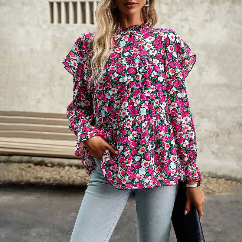 Women Fashion Casual Ruffled Long Sleeve Printing Blouse
