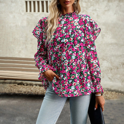 Women Fashion Casual Ruffled Long Sleeve Printing Blouse