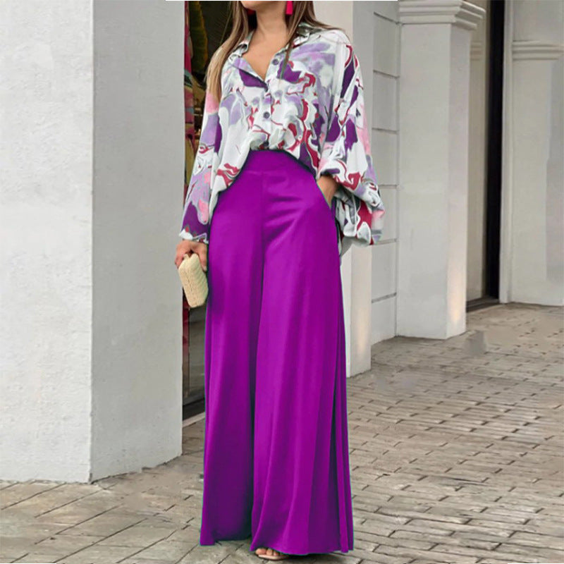 Summer Women Loose Casual Printed Blouse Wide Leg Pants Two Piece Set