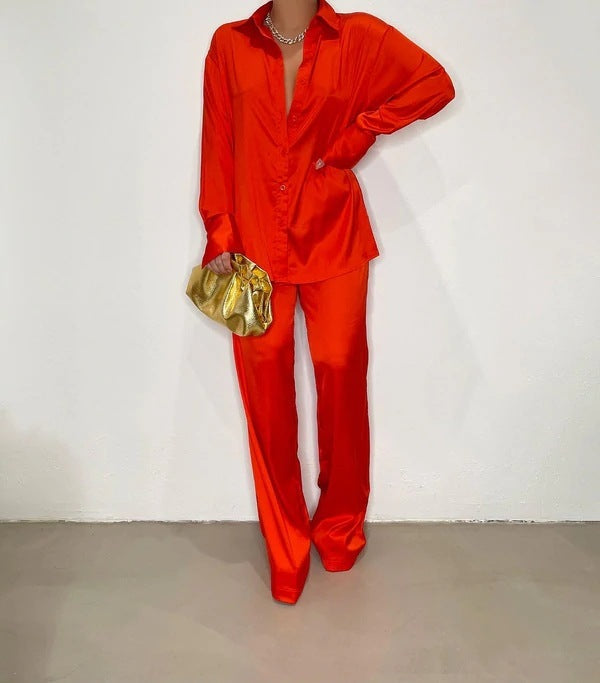 Summer Women Casual Basic Fashion Multicolor Satin Loose Long Sleeves Blouse And Pants Set