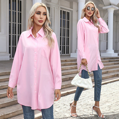 Women Casual Office Solid Color Long Sleeve Blouses Shirt