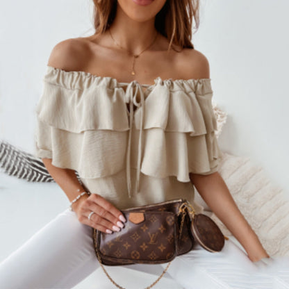 Women Elegant Solid Color Chiffon Off-the-shoulder Ruffled Casual Loose Blouse