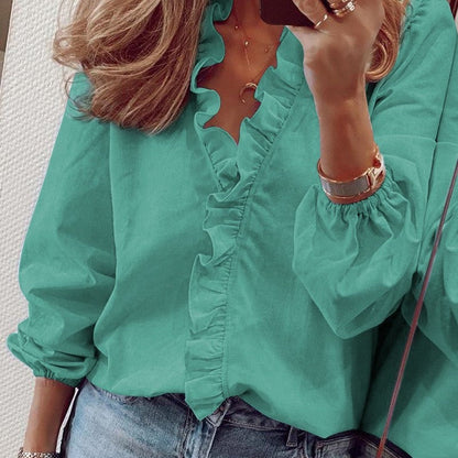 Women Casual V Neck Lantern Sleeve Ruffled Blouse
