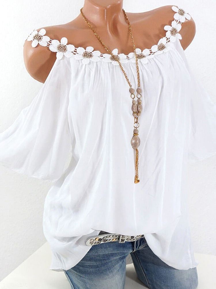 Women Summer Vacation Casual Solid Color Lace Round Neck Blouse