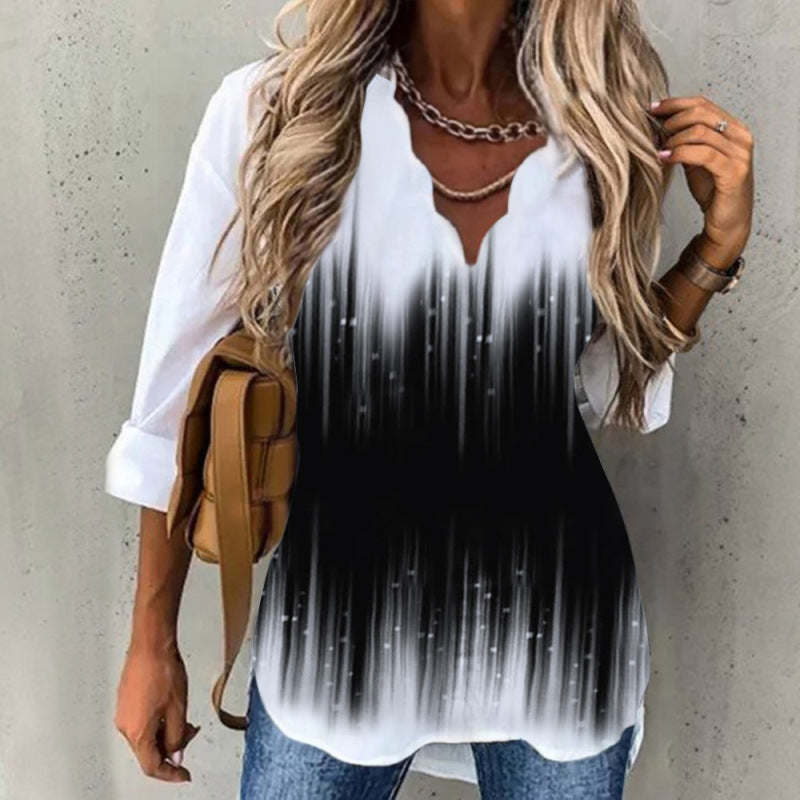 Autumn Winter Women Casual Wavy Neckline Long Sleeve Floral Blouse