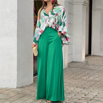 Summer Women Loose Casual Printed Blouse Wide Leg Pants Two Piece Set